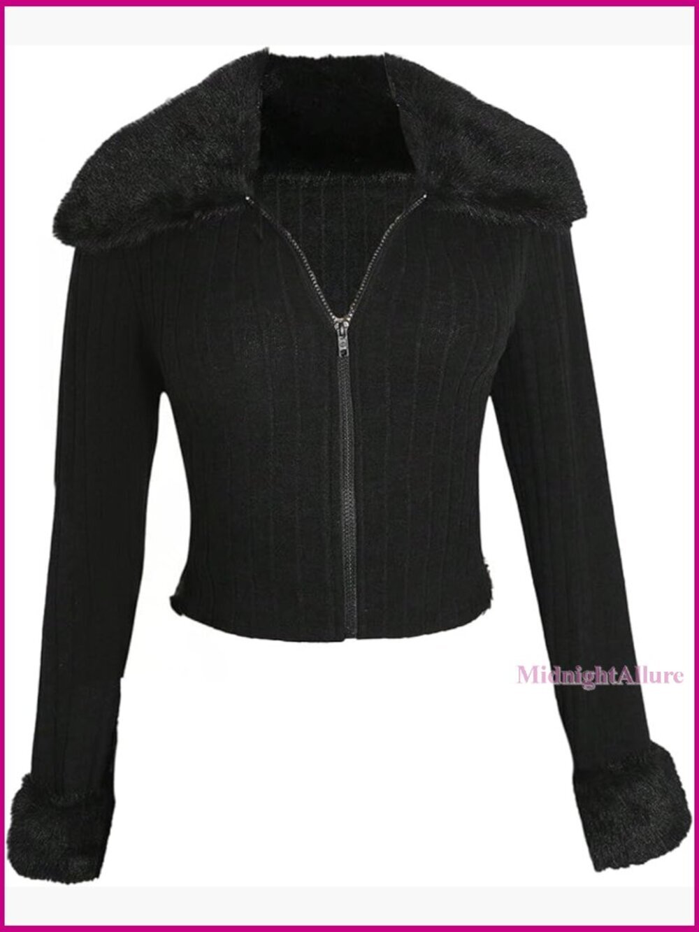 Plus Size Fuzzy Zip Up Jacket Faux Fur Collar Long Sleeve Knit Outerwear